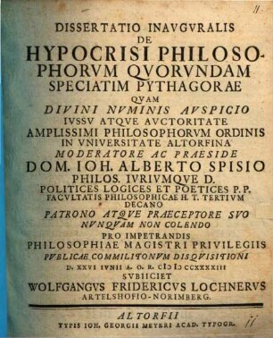 Dissertatio inauguralis De hypocrisi philosophorum quorundam, speciatim Pythagorae