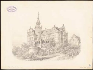 Schloss, Bechau bei Neiße: Perspektivische Ansicht der Gartenseite