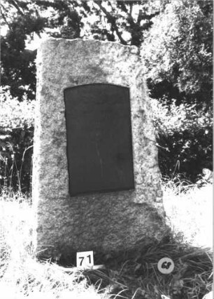 Grabstein 68 (Index: 99805289) Material: Granit, schwarze Marmorplatte Zustand: gut, Schriftplatte trägt keine Inschrift Maße HxBxT: 142x89x50 cm Beschreibung: konische Stele, schräger Abschluß, Schriftplatte mit Segmentbogenabschluß: Grabstein 68