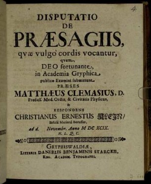 Disputatio De Praesagiis, quae vulgo cordis vocantur