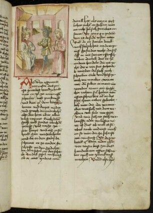 Prozessverfahren: Belial mit einem (Gerichts-)Schreiber (Notar) vor Salomo, der zum Richter bestimmt ist.