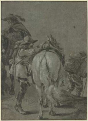 Aufsteigender Reiter, eine Flinte auf dem Rücken, dabei ein anderer Reiter und ein Mann, der einen Korb auf dem Rücken trägt