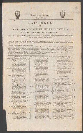 Catalogue De Musique Vocale Et Instrumentale, Mise Au Jour Par Mme. Duhan Et Cie., Éditeurs de Musique et Marchands d'Instrumens, Boulevard Poissionnière, No. 10, à l'enseigne des Deux Lyres, près le Jardin Boulainvilliers, A Paris.