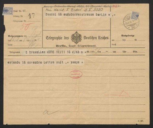 Telegramm an Ferruccio Busoni : 15.09.1902
