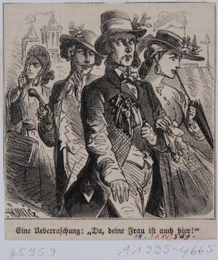 Karikatur zum Ersten Deutschen Sängerbundfest in Dresden 1865: "Eine Ueberraschung: 'Du, deine Frau ist auch hier!'"