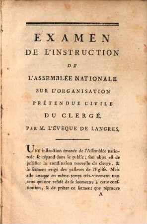 Examen de l'instruction de l'Assemblée nationale sur l'organisation prétendu civile du clergé