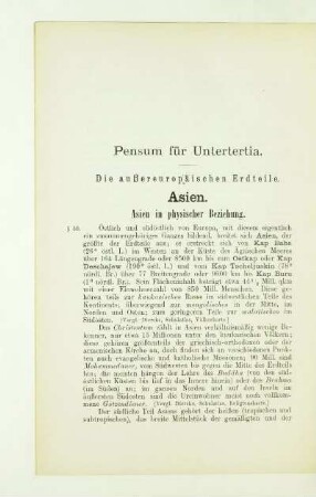 Pensum für Untertertia. Die außereuropäischen Erdteile