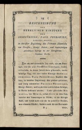 Beschreibung Des Herrlichen Einzuges Des Grosfürsten, Paul Petrowizz ... in der Königlichen Residenz Berlin. - Lied An Die Glorieuse Kaiserinn Catharine.