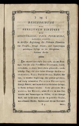 Beschreibung Des Herrlichen Einzuges Des Grosfürsten, Paul Petrowizz ... in der Königlichen Residenz Berlin. - Lied An Die Glorieuse Kaiserinn Catharine.