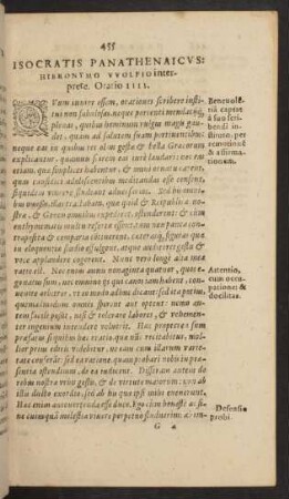 Isocratis Panathenaicvs: Hieronymo Wolfio interprete. Oratio IIII.