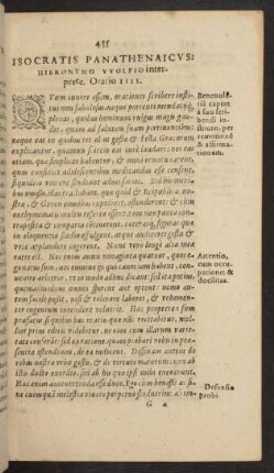 Isocratis Panathenaicvs: Hieronymo Wolfio interprete. Oratio IIII.