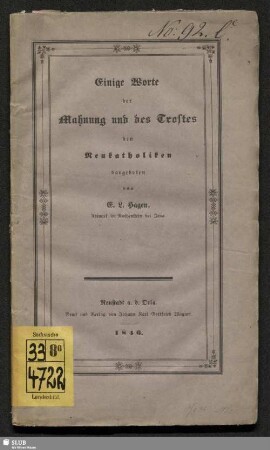 Einige Worte der Mahnung und des Trostes den Neukatholiken dargeboten