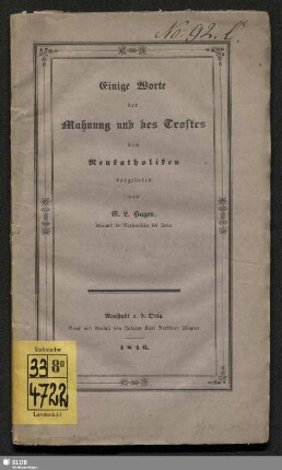 Einige Worte der Mahnung und des Trostes den Neukatholiken dargeboten