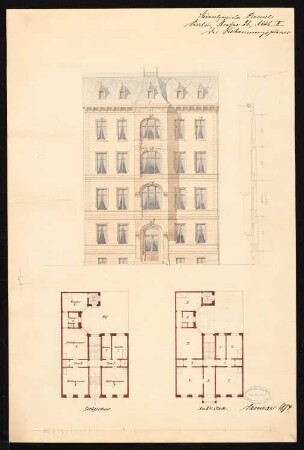Wohnhaus Steinmetz Roessel II, Berlin-Kreuzberg: Grundriss EG und 1. OG und 2.OG, Ansicht, Fassadenschnitt vertikal