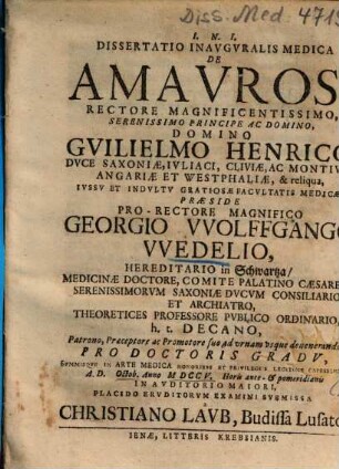 Dissertatio Inavgvralis Medica De Amavrosi