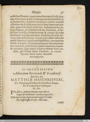 In Obitum Beatum Admodum Reverendi Et Excellentissimi Viri, Dn. Matthiæ Hafenrefferi