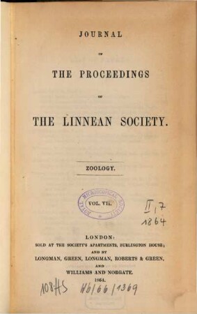 The journal of the Linnean Society of London. Zoology. 7. 1864