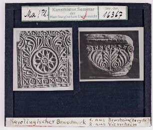 Karolingischer Bauschmuck. Links: aus Bensheim, Rechts: aus Viernheim