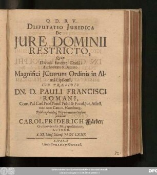Disputatio Iuridica De Iure Dominii Restricto,
