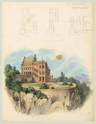 Landhaus mit Ziegeldach Monatskonkurrenz Dezember 1843: Grundriss Erdgeschoss, 1. und 2. Obergeschoss, perspektivische Ansicht; Maßstabsleiste
