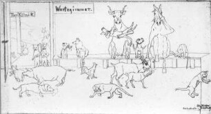 Tierklinik-Wartezimmer (Karikatur). Federzeichnung (1909; E. Richter)