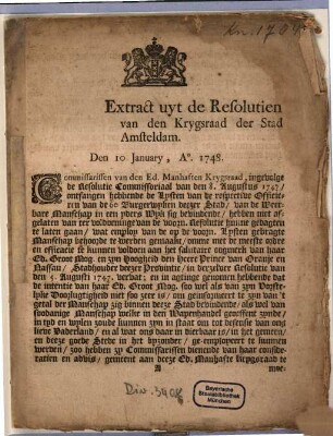 Extract uyt de Resolutien van den Krygsraad der Stad Amsteldam, Den 10 January, Ao. 1748