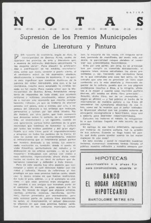 Notas - Supresión de los premios municipales de literatura y pintura