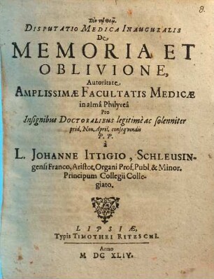Disputatio Medica Inauguralis De Memoria Et Oblivione