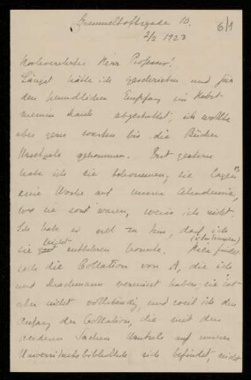 Nr. 6 Brief von Ada Adler an Ulrich von Wilamowitz-Moellendorff. Ohne Ort [Kopenhagen], 2.2.1923