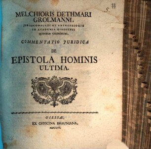 Melchioris Dethmari Grolmanni, Jurisconsulti Et Antecessoris In Academia Giesseni ... Commentatio Juridica De Epistola Hominis Ultima