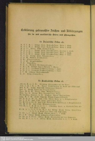 Erklärung gebrauchter Zeichen und Abkürzungen für in- und ausländische Orden und Ehrenzeichen