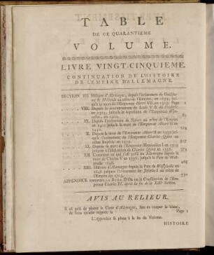 Table de ce Quarantieme Volume.