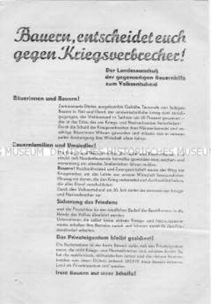 Aufruf des Landesausschusses Sachsen der Vereinigung zur gegenseitigen Bauernhilfe, beim Volksentscheid 1946 für die Enteignung der Nazi- und Kriegsverbrecher zu stimmen