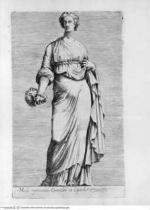 Antiquarum statuarum urbis Romae, quae in publicis privatisque locis visuntur, icones. Romae. Ex typis Laurentii Vaccarii... MDLXXXIIII., Tafel [68]: Musa representans Commediam in Capitolio (nach der Antike)