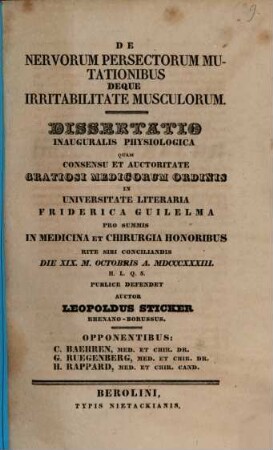 De nervorum persectorum mutationibus deque irritabilitate musculorum : diss. inaug. physiol.