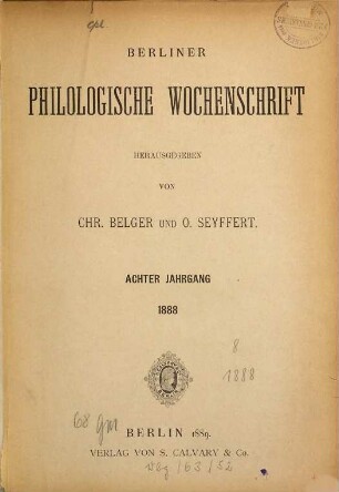 Berliner philologische Wochenschrift. 8. 1888 (1889)