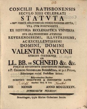 Concilii Ratisbon. seculo XIV. celebrati statuta