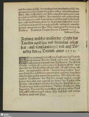Zeytung welcher massen der Sophi des Turcken nachzug und hinterhut erlegt hat, auß Constatinopel und auß Venedig den 14. Decemb. anno 1535