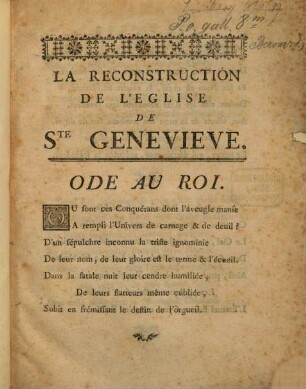 La Reconstruction De L'Eglise De Ste Genevieve : Ode Au Roi