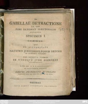 Specimen 1: De Gabellae Detractione Ex Vsv Fori Saxonici Electoralis Aestimanda