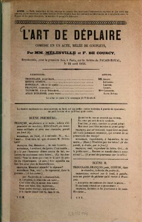 L'art de déplaire : Comédie en un acte mêlée de couplets, par Mélesville et F. de Courcy, Représentée, pour la première fois à Paris, sur le théâtre du Palais-Royal, le 22 avril 1855