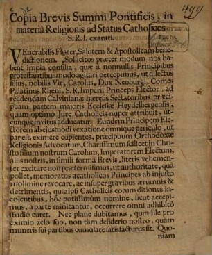 Copia Brevis Summi Pontificis in materia Religionis ad Status Catholicos S. R. J. exarati