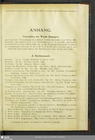 Anhang. Verzeichnis der Werke Reissigers