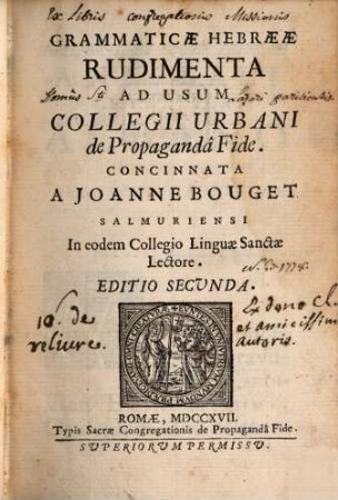 Grammaticae hebraeae rudimenta : ad usum collegii urbani de prop. fide