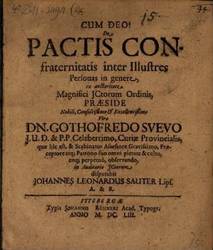 Diss. ... de pactis confraternitatis inter illustres personas in genere
