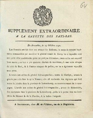 Gazette des Pays-Bas. Supplément extraordinaire à la Gazette des Pays-Bas. 1792, 25 Octobre