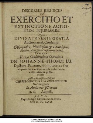 Discursus Iuridicus De Exercitio Et Extinctione Actionum Iniuriarum