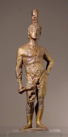 Zum Aufhängen von Schöpflöffeln etc. bestimmtes etruskisches Gerät mit der Statuette eines stehenden Jünglings