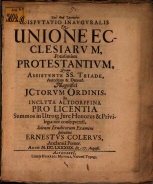 Disp. inavg. de unione ecclesiarvm, potissimum protestantivm
