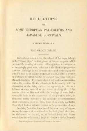 Reflections on some European palaeoliths and Japanese survivals. By N. Gordon Munro, M. D.
